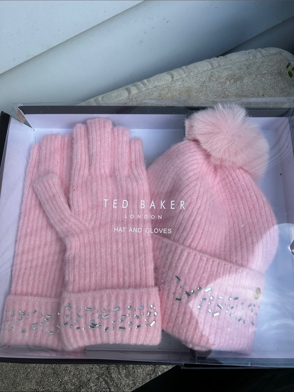 Ted Baker Pink Knit Pom-Pom Beanie and Glove Set